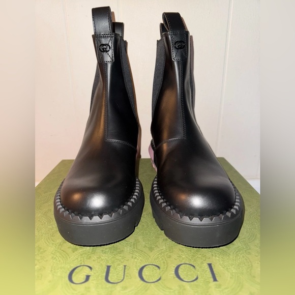 Gucci Chelsea Ankle Boot Women Size 9.5 Black Leather Sierra Stretch Pink Heel - Picture 6 of 7